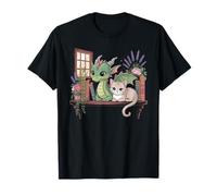 Boho Librarian Booklover Cottagecore Livre Fantaisie Dragon Chat T-Shirt