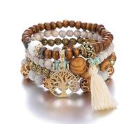 Boho Lot de 4 bracelets en perles de bois pour femme, Motif arbre de vie, Cristal Perle, bracelet fait à la main chaîne de main pour femmes et fille