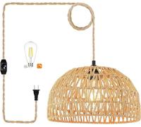 Boho Plug in Suspension, Lampe Suspendue avec Cordon D’enfichage, Lampe Suspendue Abat-Jour en Macramé, Interrupteur Dimmable, étagère De Plante Suspendue à 3 Nivea, Brown 1pack