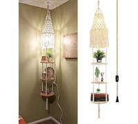 Boho Plug in Suspension, Lampe Suspendue avec Cordon D’enfichage, Lampe Suspendue Abat-Jour en Macramé, Interrupteur Dimmable, étagère De Plante Suspendue à 3 Nivea, White