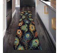 Boho Plume de Paon Tapis de Cuisine Devant Evier Antidérapant Lavable 60 x 180 cm, Exotique Plume Tapis de Passage Interieur Entrée pour Salon Bureau Chambre à Coucher