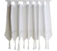 Boho Pompon Fenêtre Rideau Valae pour Cuisine, Ferme Rustique Coton Couture Dentelle Café Rideau Court pour Salle De Bain, Bistrot, avec Languette Dessus, Blanc Uni, Onecolor, WxH 150x45cm/59x18in