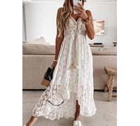 Boho Robe Femmes D'été Maxi Robe Dame Hors Épaule Vacances Dentelle Col en V Spaghetti Strap Robe D'été Robe Blanche-Blanc,S
