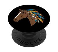 Boho Spirit Cheval Marron avec Plumes colorées dans la crinière PopSockets PopGrip Adhésif