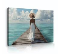 Boho style moderne toile affiche bleu mer et ciel art mural femme en longue robe blanche impression de décoration murale pour chambre à manger salle à manger buanderie 70x105cm cadre intérieur
