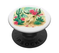 Boho Western Floral Cow Skull Desert Cactus Watercolor PopSockets PopGrip Adhésif
