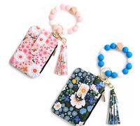 Boho Wristlet Wallet with Key Ring, Boho Beaded Wallet, Tassel Decorated Keychain with Flower Pattern Wallets (2PCS*D)