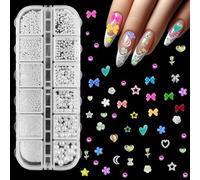 Bohoray 3D Deco Ongle, 12 Tailles Perles Bijoux Ongles Nail Art, Deco Nail Art en Résine, Multi Formes Deco Ongle Nail Art, Arc, Amour, Fleur, Etoile, Lune, Diamant, pour Deco Ongles Nail Art