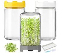 Bohoray Lot De 3 Bocal De Germination, 900ml Pots Mason à Large Ouverture Couvercles De Germination, Plateau à éGouttage Et Brosse Nettoyage, pour La Luzerne Potager Familial（Jaune, Blanc, Gris）