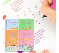 Bohrma Lot de 4 cahiers magiques allemands avec stylo - 19 x 13 cm - Cahiers d'apprentissage magiques réutilisables - Cahiers d'exercices magiques pour enfants - Calligraphie, mathématiques, dessin