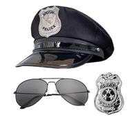 Bohue Déguisement de police 3 pièces avec chapeau de police, lunettes de soleil, badge, accessoire de costume d'officier de police, accessoire d'Halloween pour homme et femme
