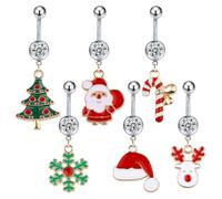 Bohue Lot de 6 piercings de nombril de Noël en acier inoxydable avec arbre de Noël, élan, flocon de neige, bijoux de corps pour Noël