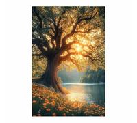 BOHUO Chêne Ancien Arbre de Vie Coucher de Soleil Impression sur Toile, Paysage Lac Doré Floral pour Salon Ferme Rustique(Q)-70x100cm Sans cadre