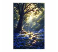 BOHUO Chêne Éclairé par le Soleil & Fleurs Bleues Impression sur Toile, Chemin de Forêt pour Salon Ferme Rustique(A6)-70x100cm Sans cadre