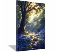 BOHUO Chêne Éclairé par le Soleil & Fleurs Bleues Impression sur Toile, Chemin de Forêt pour Salon Ferme Rustique(A6)-20x30cm Encadrée
