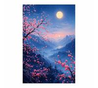 BOHUO Fleurs Roses & Lune Impression sur Toile, Nuit Temple Montagne pour Chambre Asiatique(E1)-50x70cm Sans cadre