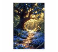 BOHUO Hortensia Bleu Arbre de Vie & Chemin Impression sur Toile, Forêt Éclairée par le Soleil pour Salon Ferme Rustique(E4)-40x60cm Sans cadre