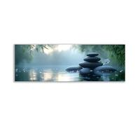 BOHUO Impression sur toile de pierres zen et bambou Paysage de lac brumeux et fleurs blanches, décoration murale inspirée du spa pour salle de bain(68)-40x120cm Sans cadre