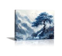 BOHUO Impression Sur Toile Moderne Arbre De La Vie, Rivière Mountain Tableau Decoration Murale Tableaux, Posters Et Arts DéCoratifs - 30x45cm Encadrée(Bleu)