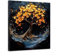 BOHUO Tableau sur toile Arbre Vie fleurs d'or océan, Scène nocturne abstraite enchantée déco murale maison(Blue 104)-40x40cm Encadrée