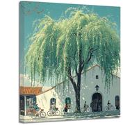 BOHUO Tableau sur toile Arbre Vie pleureur bâtiment blanc, Vélo scène nature décoration murale chambre(Métal 113)-20x20cm Encadrée