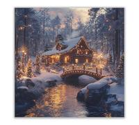 BOHUO Tableau sur toile Chalet rustique en bois, Forêt enneigée pont guirlandes festives déco chambre(Bleu 4)-30x30cm Sans cadre