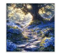 BOHUO Tableau sur toile Chemin pierre soleil fleurs bleues, Forêt enchantée paysage décoration murale chambre(Turquoise 58)-50x50cm Sans cadre
