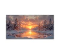 BOHUO Tableau sur toile hiver Lac et arbres Paysage naturel Tableau décoration moderne imprimé sur toile pour Chambre Cuisine Bar(Orange 14)-60x120cm Sans cadre