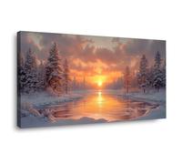 BOHUO Tableau sur toile hiver Lac et arbres Paysage naturel Tableau décoration moderne imprimé sur toile pour Chambre Cuisine Bar(Orange 14)-40x80cm Encadrée