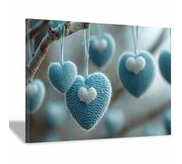 BOHUO Toile Murale Cœurs Bleus au Crochet sur Branche - Impression Rustique Bohème pour Salon Ferme(C8)-50x70cm Encadrée