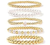 Bohxantium Lot de 5 bracelets de perles dorées pour femme faits à la main - Style bohème délicat - Plaqué or 14 carats - Empilables - Ne ternit pas - Accessoires tendance