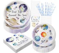 BOIKOKY 120 Pièces Décorations de Fête d'Anniversaire sur le Thème de First Trip Around The Sun, Fournitures de Fête sur le Thème de Espace, Vaisselle Jetable | Pour 24
