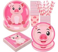BOIKOKY Lot de 120 décorations de fête d'anniversaire sur le thème du cochon - Vaisselle jetable avec assiettes en carton, serviettes, tasses et pailles - Pour 24 personnes