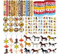 BOIKOKY Lot de 72 cadeaux de fête de cowboy occidental pour enfants, cadeaux de fête rodéo avec jouets miniatures de cheval, bracelets, porte-clés, tatouages, décorations d'anniversaire sauvages