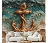 Bois Ancre Corde Papier Adhesif Paillettes Doré Océan Vague Mural Thème Nautique Papier Peint 3D Effet 350x256 cm pour Salle de Bain Salon Chambre