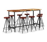 vidaXL Ensemble de bar 9 pcs Bois de récupération et cuir véritable Brun G