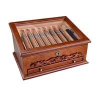 Bois de Cèdre Humidor Cigare Boîte de Présentation avec Couvercle en Verre Trempé Peut Contenir 30 Cigares Étui à Cigares de Bureau avec Hygromètre et Humidificateur