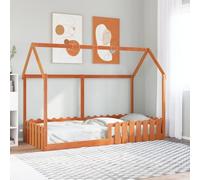 Bois de pin massif robuste Maison ludique pour enfants 90x200 cm Brun | Cadre de lit enfant forme maison 90x200 cm en bois massif pin avec barrières de sécurité lit au sol sans matelas pour chambre