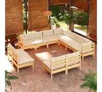 Bois de Pin Massif Salon de Jardin 11 pcs avec Coussins Crème Mobilier vidaXL