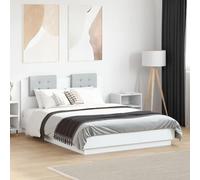 Bois d'ingénierie avec tête de lit rembourrée Lit à lattes 135x190 cm Blanc | Cadre de lit blanc 135x190 cm avec tête de lit rembourrée en tissu gris clair, sommier à lattes, sans matelas, durable