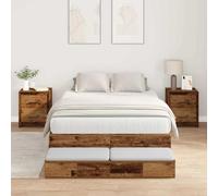 Bois Massif avec Rangement Moderne Épuré Tiroir Marron 120 cm | Cadre de lit avec rangement 4 tiroirs Bois Ancien 120 cm Double Lit Moderne avec Poignées Cuir Pas de Sommier Durable 200 kg