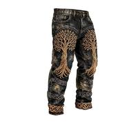boiszeda Pantalon en Simili-Denim pour Homme à imprimé Loup Viking, Pantalon décontracté à Jambes Droites et Runes Nordiques rétro, Pantalons Streetwear Vintage
