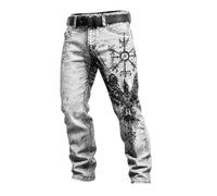 boiszeda Pantalon en Simili-Denim pour Homme à imprimé Loup Viking, Pantalon décontracté à Jambes Droites et Runes Nordiques rétro, Pantalons Streetwear Vintage