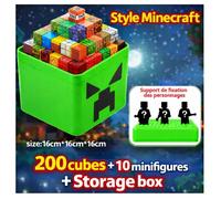 Boîte 200 cubes magnétiques mini personnages + boîte rangement - Jeu de construction style univers Minecraft