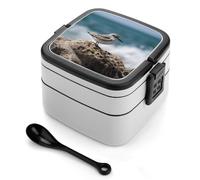 Boîte à bento à double couche pour adultes avec cuillère et poignée, motif oiseau perché sur un rocher. Boîte à bento étanche, empilable, monobloc, pour le travail, les pique-niques et les voyages.