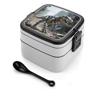 Boîte à bento « Dinosaure mécanique dans une ville en ruines » 1 000 ml, contenant anti-fuite avec séparateurs amovibles et cuillère - Boîte à lunch empilable en PP sans BPA pour le travail, le bure