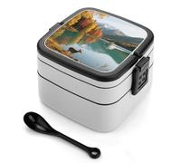 Boîte à bento double couche pour adultes avec cuillère et poignée, paysage d'automne du lac Kanas, boîte à bento étanche, boîte à lunch empilable monobloc pour le travail, les pique-niques et les vo