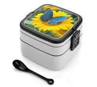 Boîte à bento empilable à 2 couches avec motif tournesol bleu papillon pour adultes, conteneurs à déjeuner réutilisables et étanches pour adultes, boîte à déjeuner de voyage avec cuillère, passe au