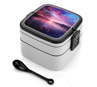 Boîte à bento empilable violet coucher de soleil sur l'eau, conteneurs à 2 couches réutilisables et étanches pour adultes, boîte à déjeuner de voyage de 935,5 g avec cuillère, boîtes à bento portables