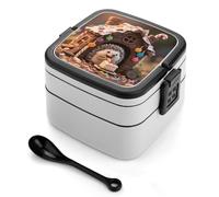 Boîte à bento Little Hedgehog in The Candy House 1000 ml, contenant anti-fuite avec séparateurs amovibles et cuillère - Boîte à lunch empilable en PP sans BPA pour le travail, le bureau, les pique-n